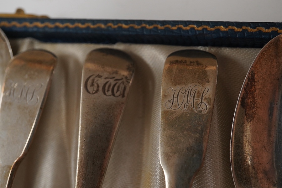 A cased harlequin set of six 19th century silver teaspoons, various dates, patterns and makers, 3.8oz. Condition - fair